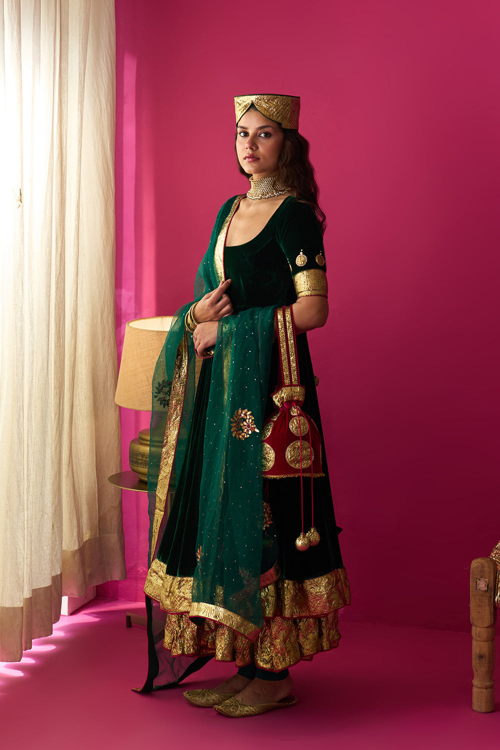 Nur green silk velvet double layer anarkali with chooridar and dupatta (set of 3)