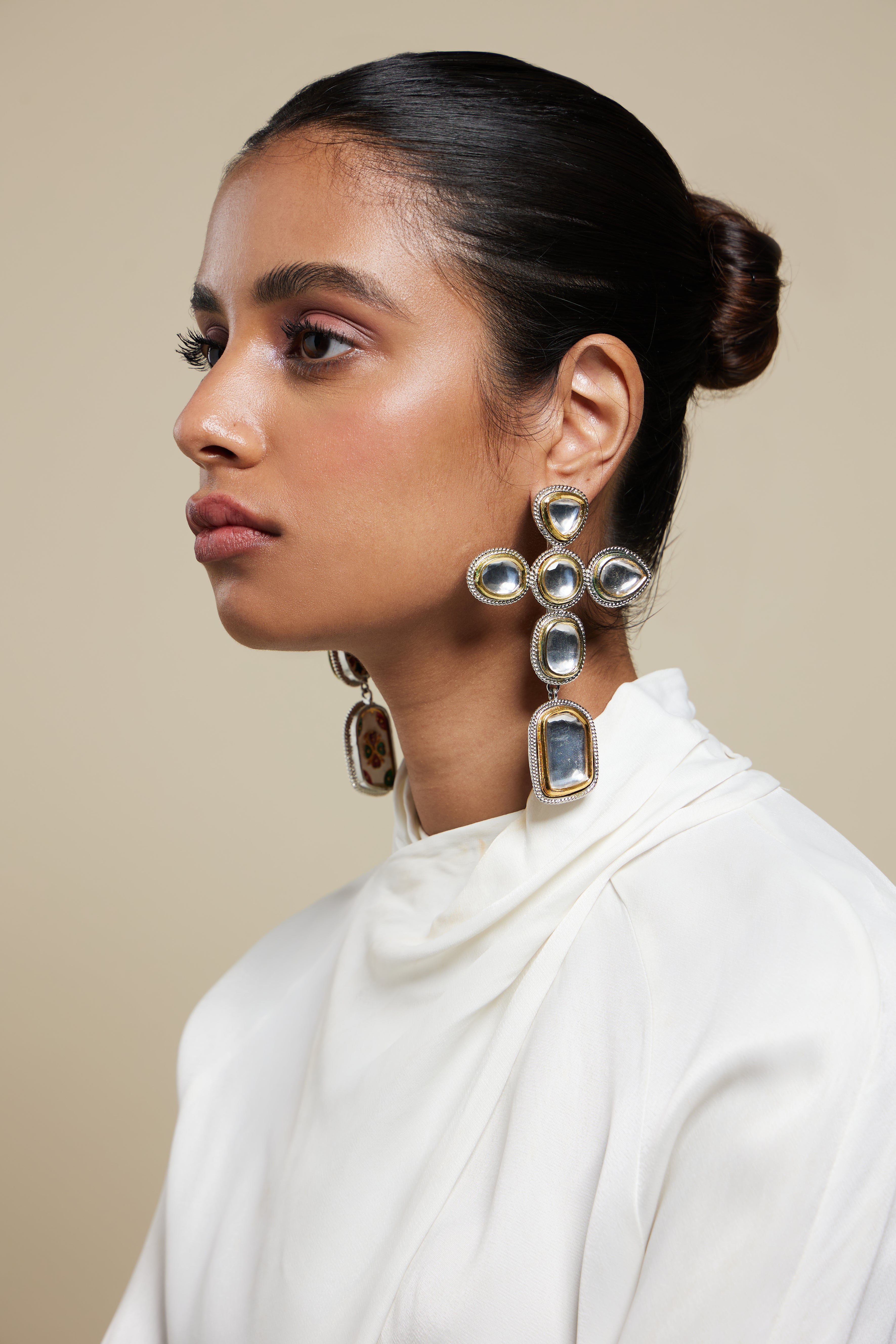 Gold & Silver Polki Cross Earrings