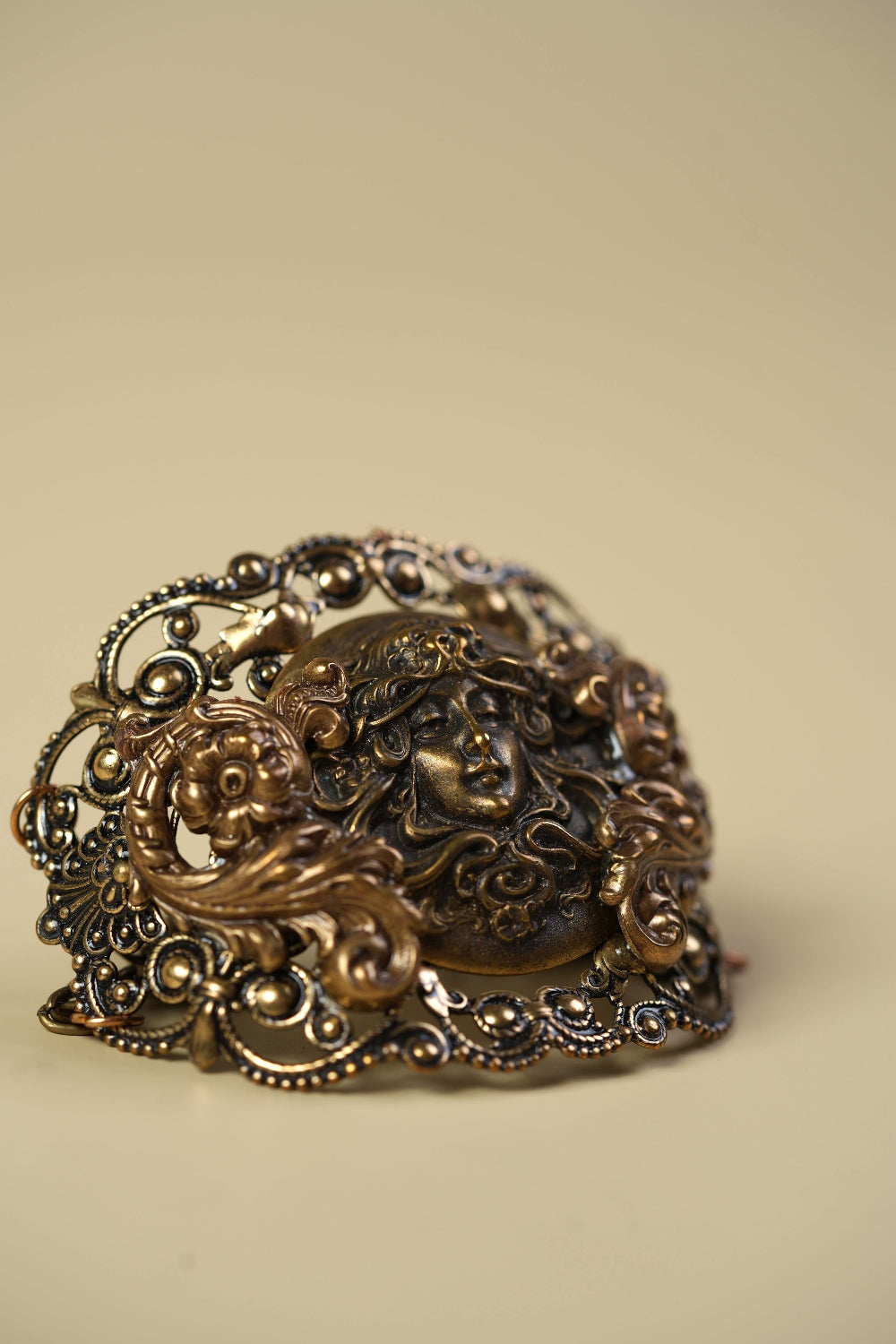 Victorian Brass Hand Cuff with Repousse Classical Face & Filigree Scrollwork