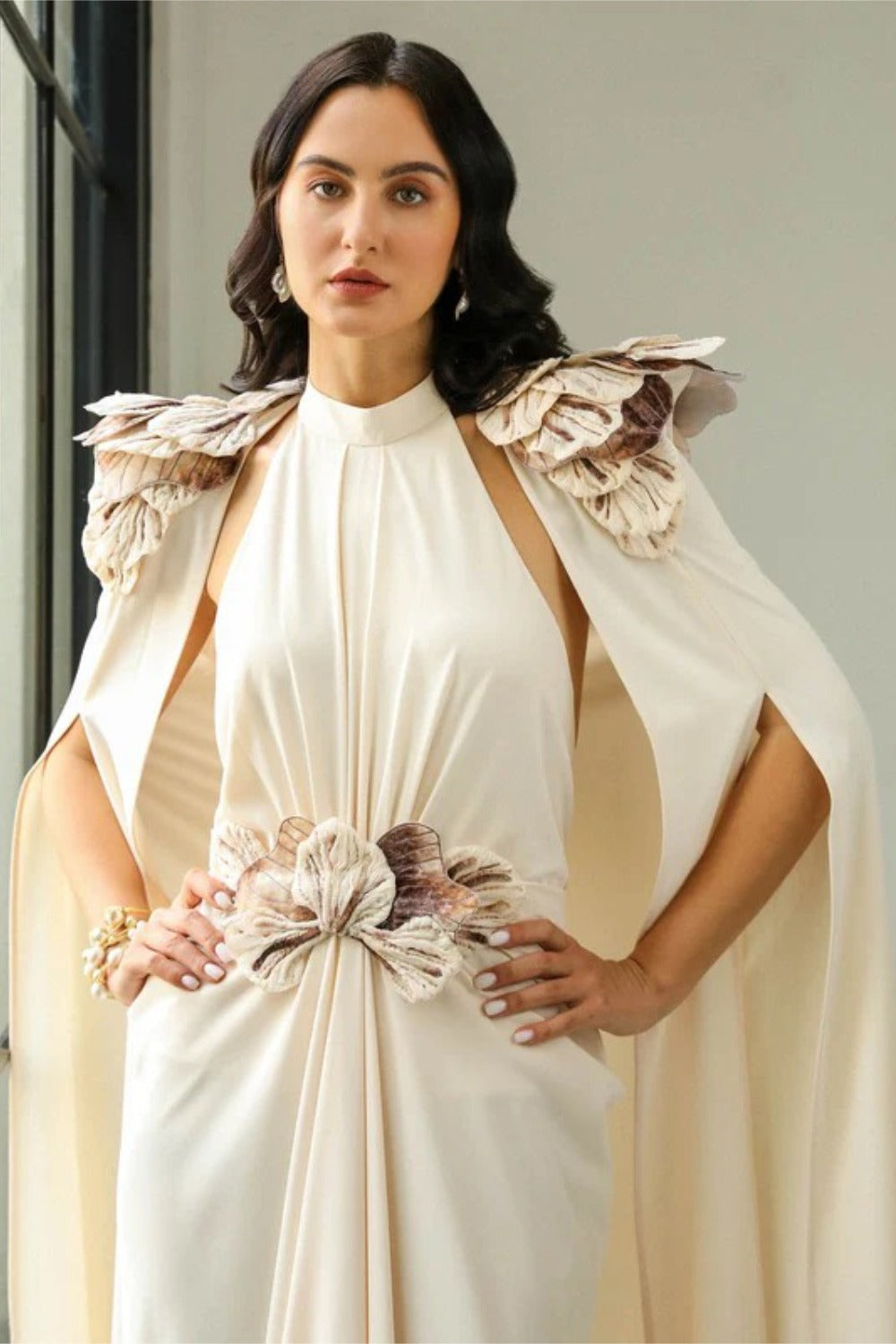 Gathered Layered Cape Gown