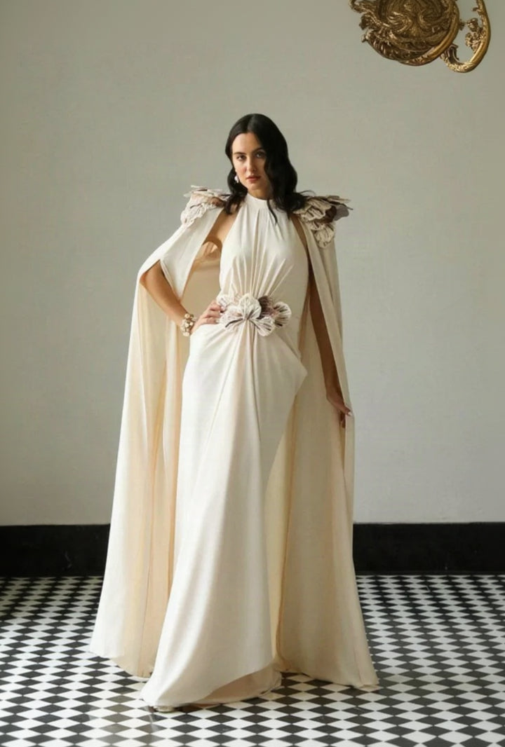Gathered Layered Cape Gown