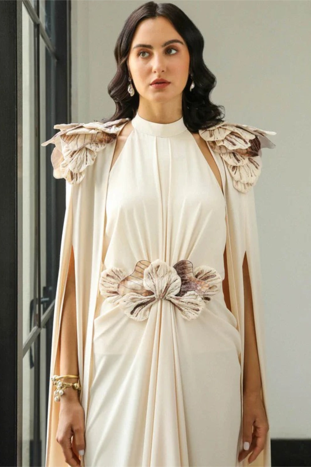 Gathered Layered Cape Gown