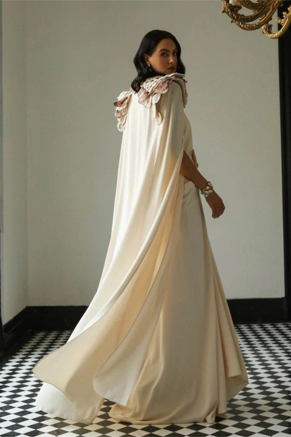 Gathered Layered Cape Gown