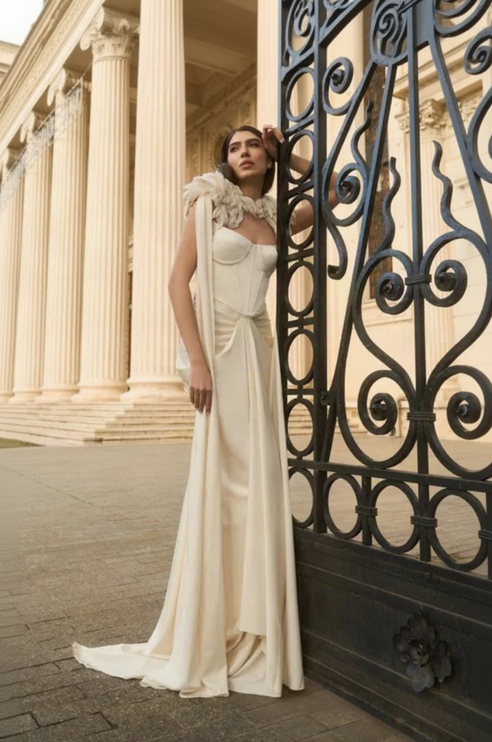 Corset Gown with Shoulder Drape