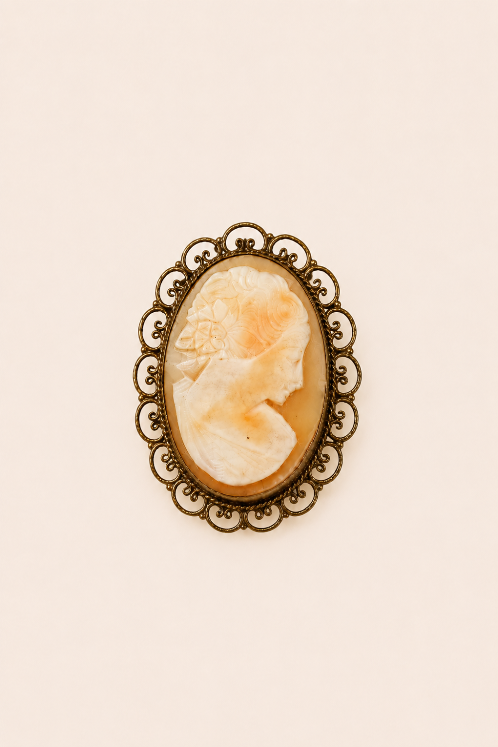 Antique Shell Cameo Pendant — Classical Profile in Beaded Filigree Frame