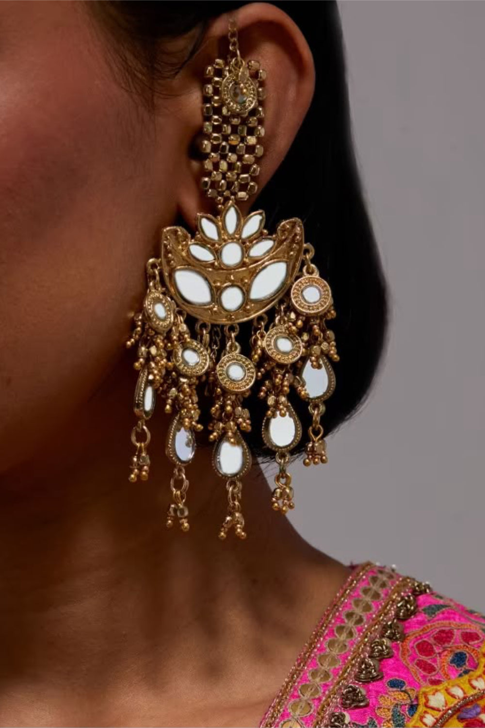 Lotus & Drop Mirror Work Earrings with a Kaan Chain
