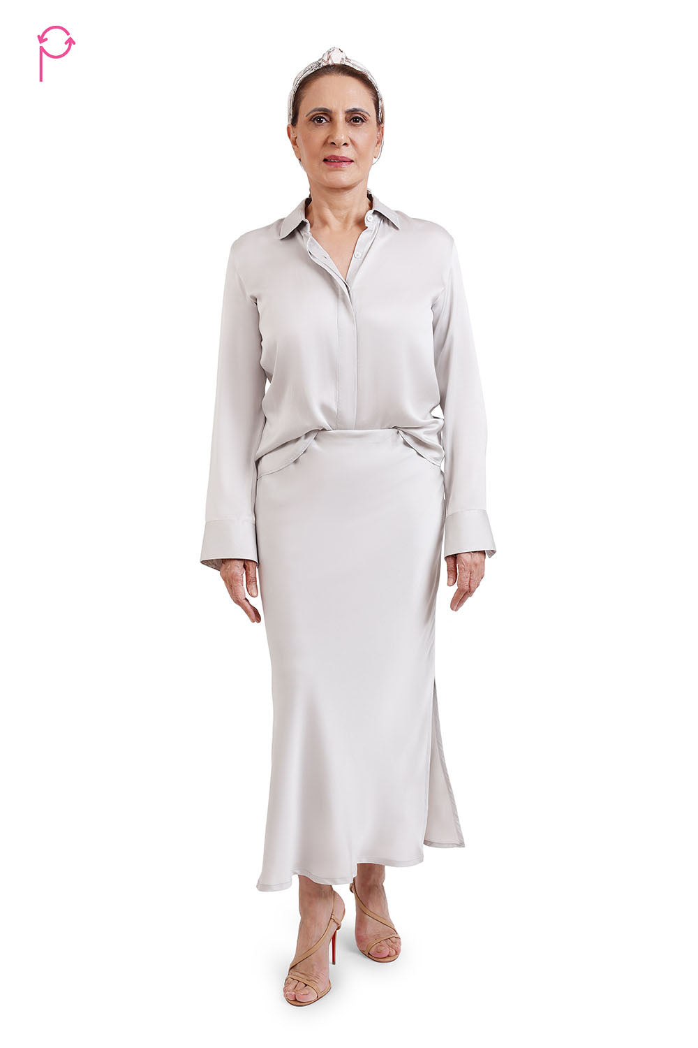 Grey Satin Shirt & Skirt Set