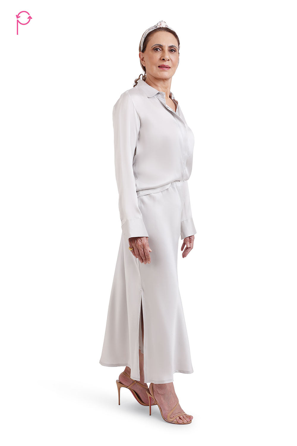 Grey Satin Shirt & Skirt Set