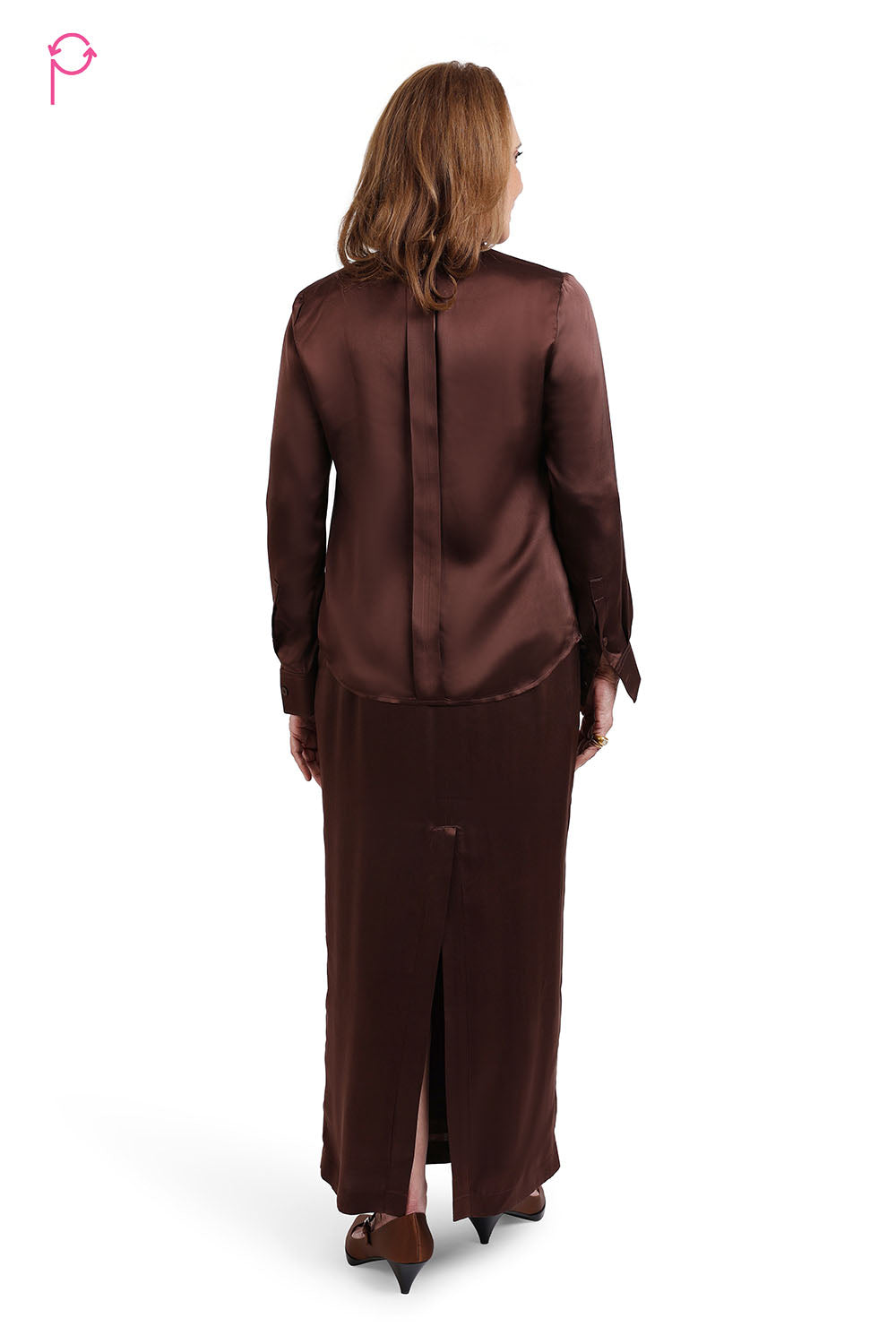 Brown Satin Shirt & Skirt Set