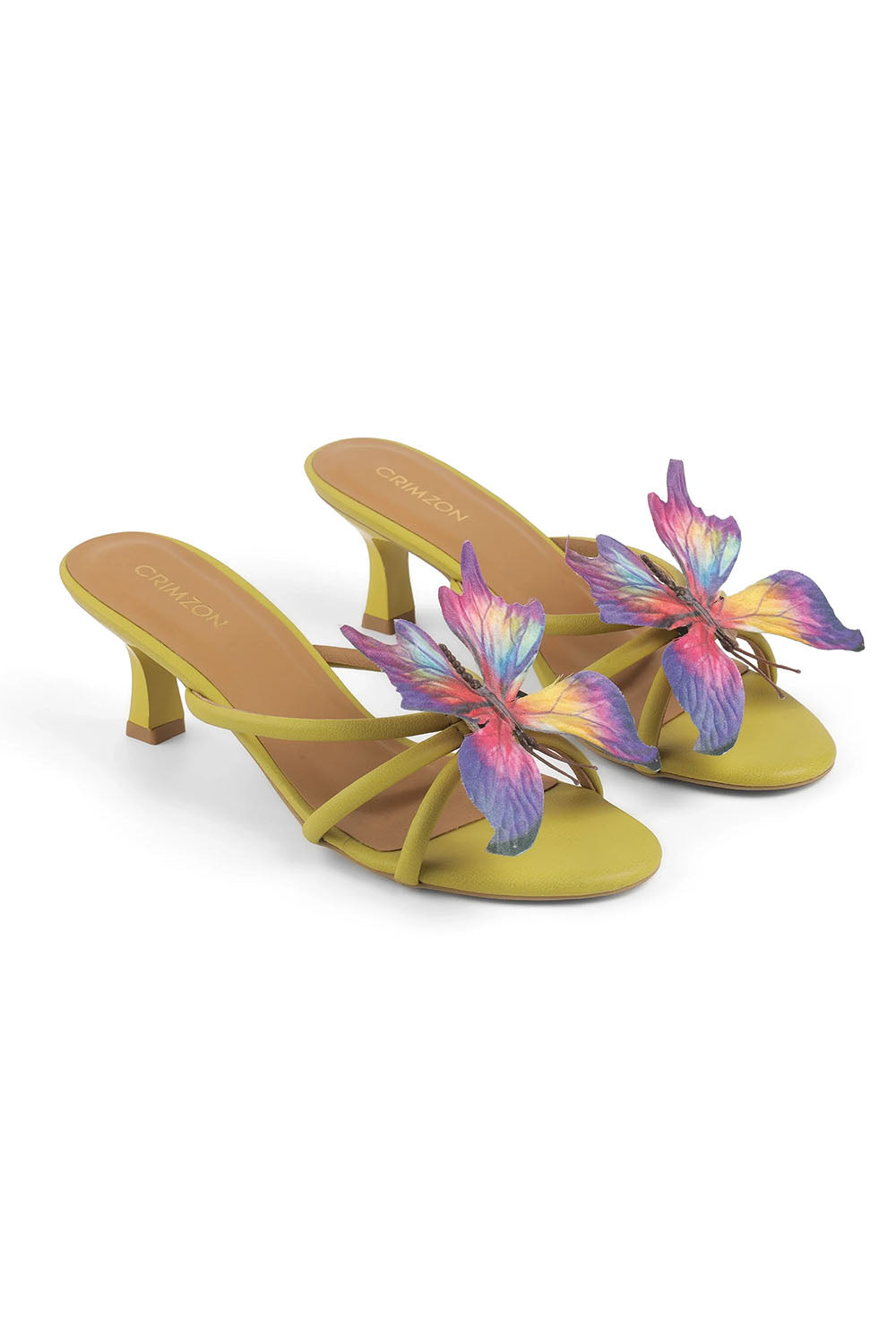 Mariposa Yellow Kitten Heel & Detachable Multicolor Butterfly