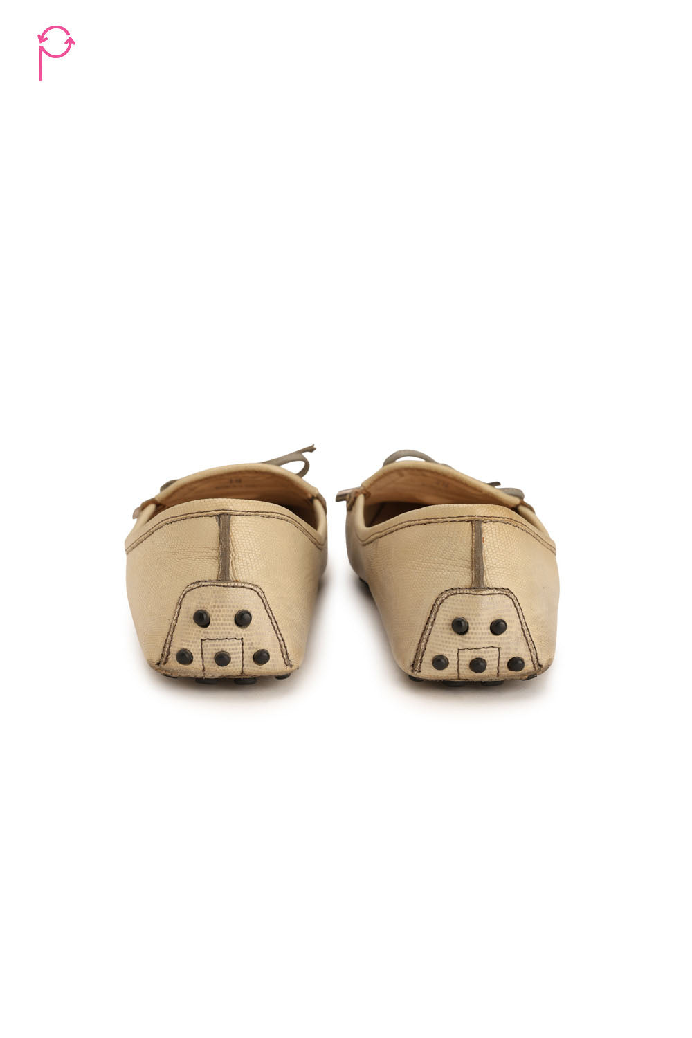 Beige Ribbon Design Leather Loafers