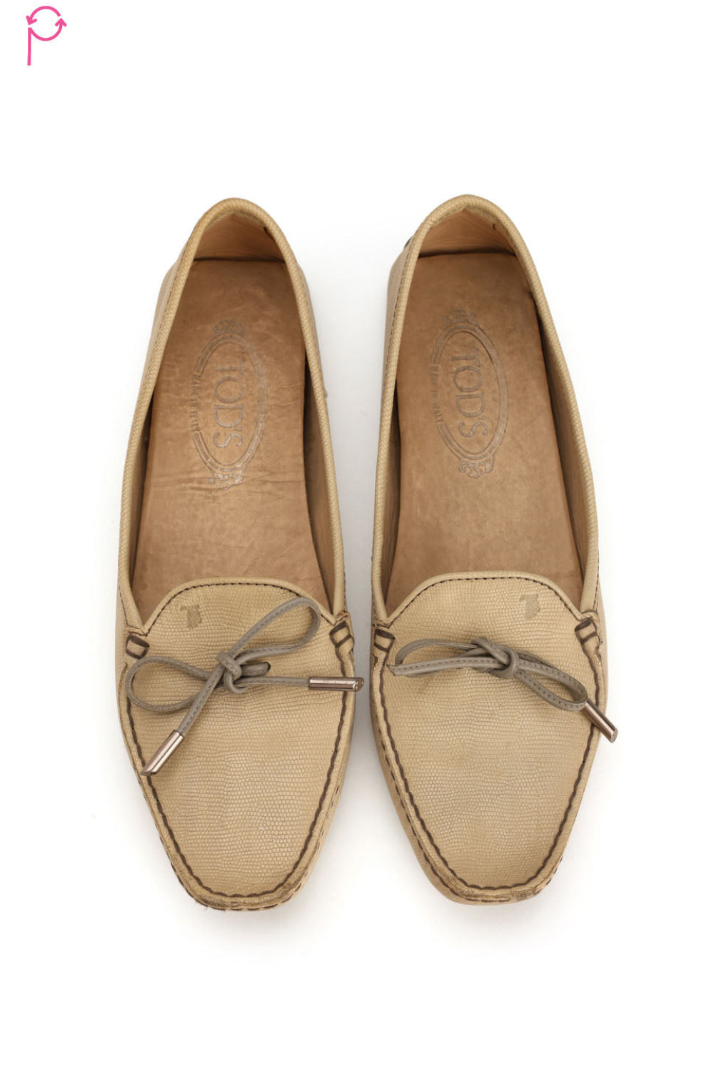 Beige Ribbon Design Leather Loafers