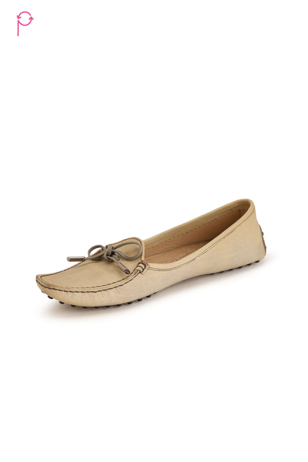 Beige Ribbon Design Leather Loafers
