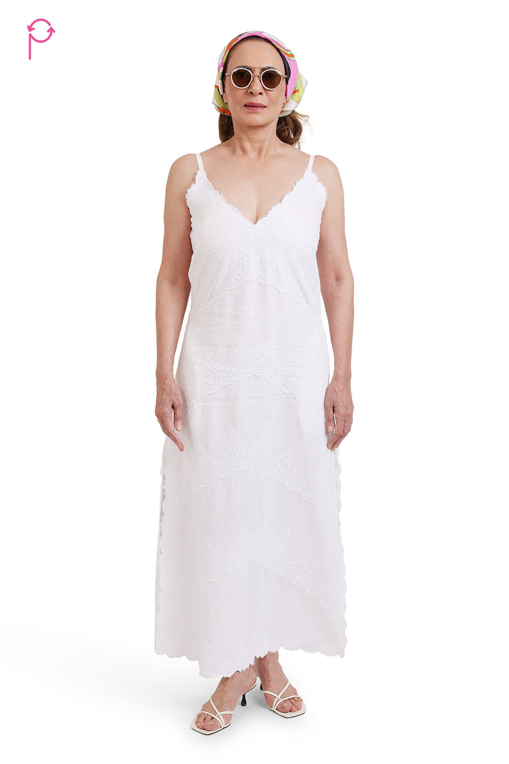 White Linen Dress with Lace Patchwork