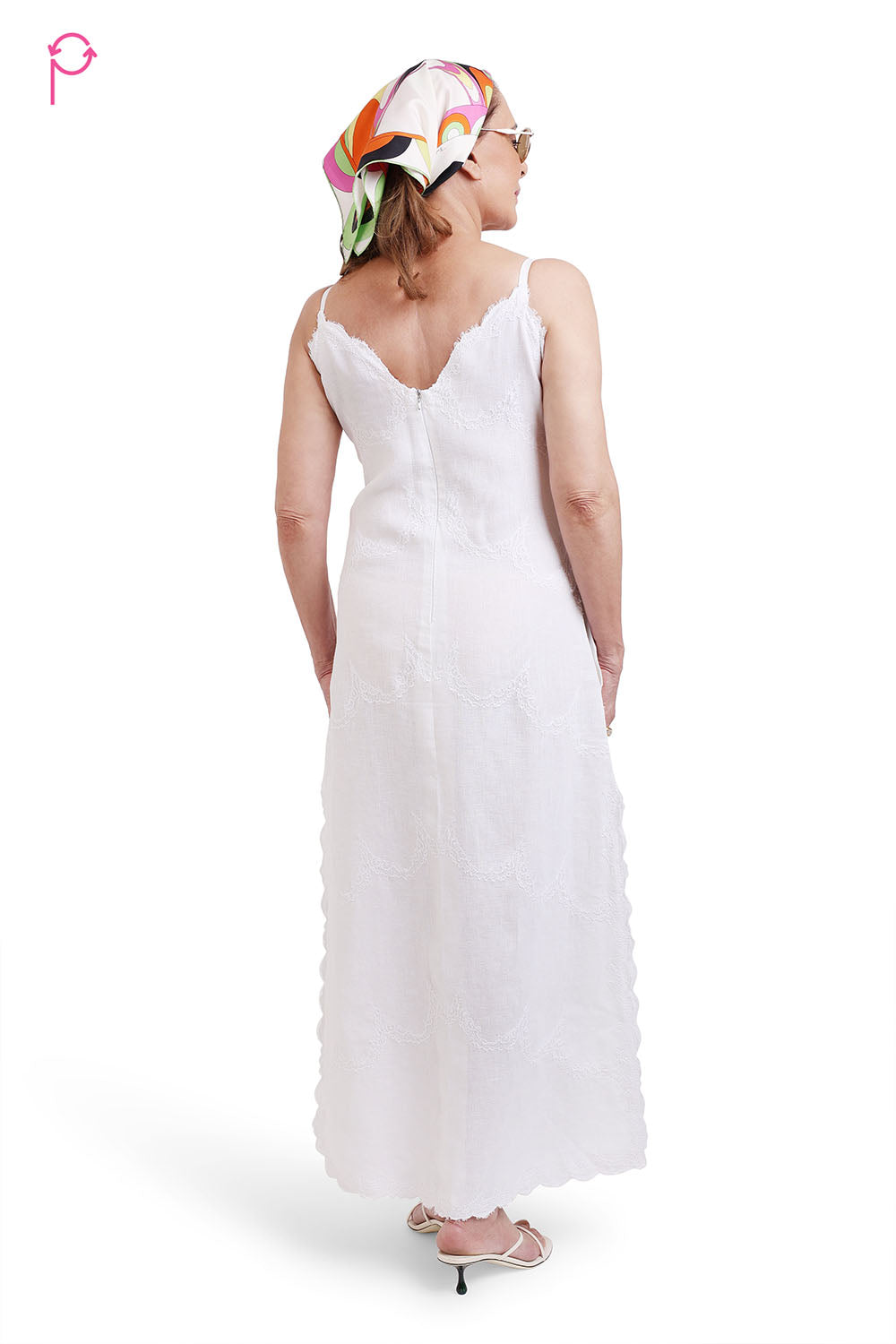White Linen Dress with Lace Patchwork