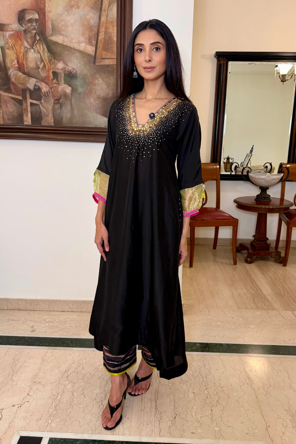 Black Silk Sequin Kaftaan Kurta Set