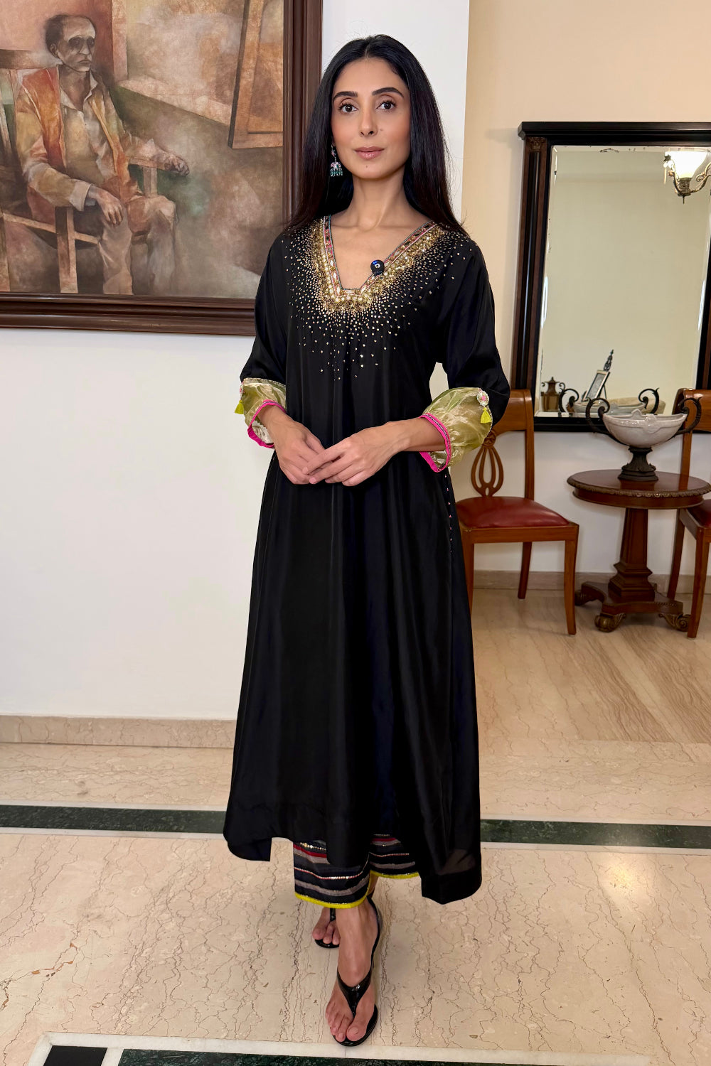 Black Silk Sequin Kaftaan Kurta Set