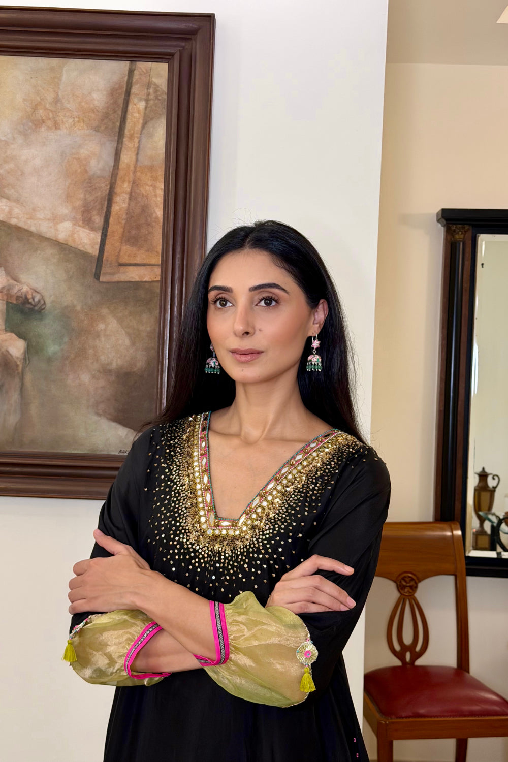 Black Silk Sequin Kaftaan Kurta Set