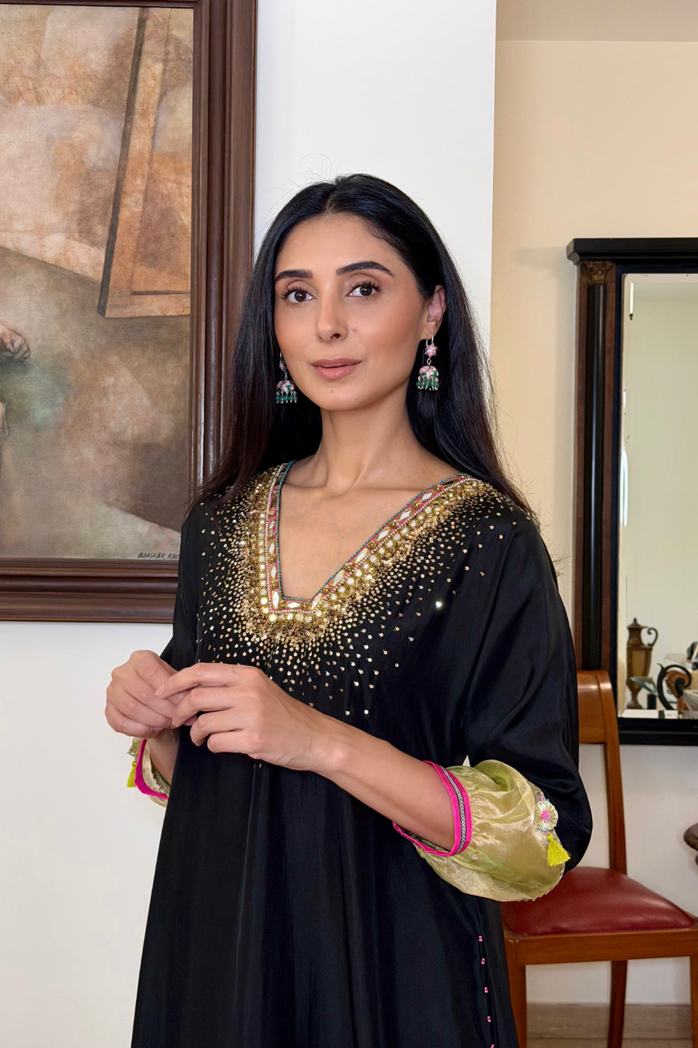 Black Silk Sequin Kaftaan Kurta Set